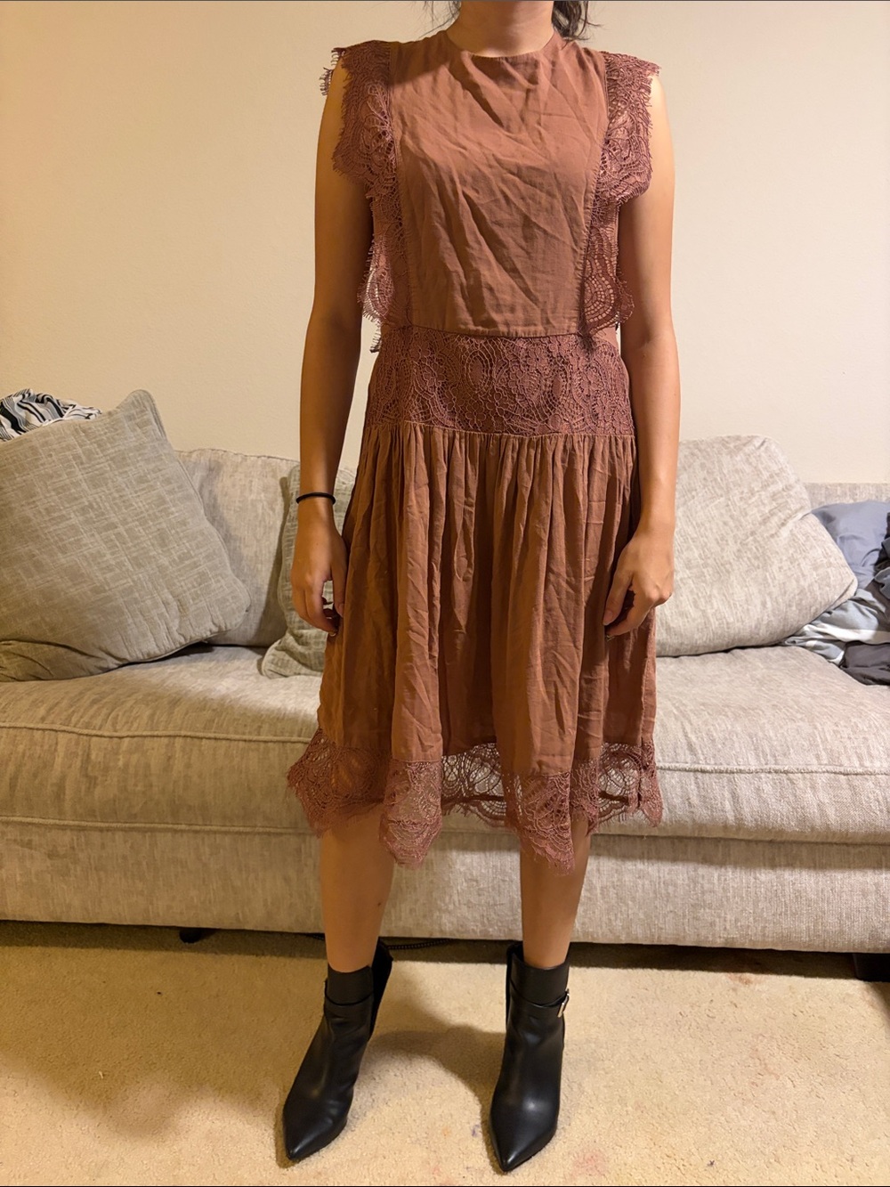 H&M Dusty Mauve Lace-Trim Midi Dress